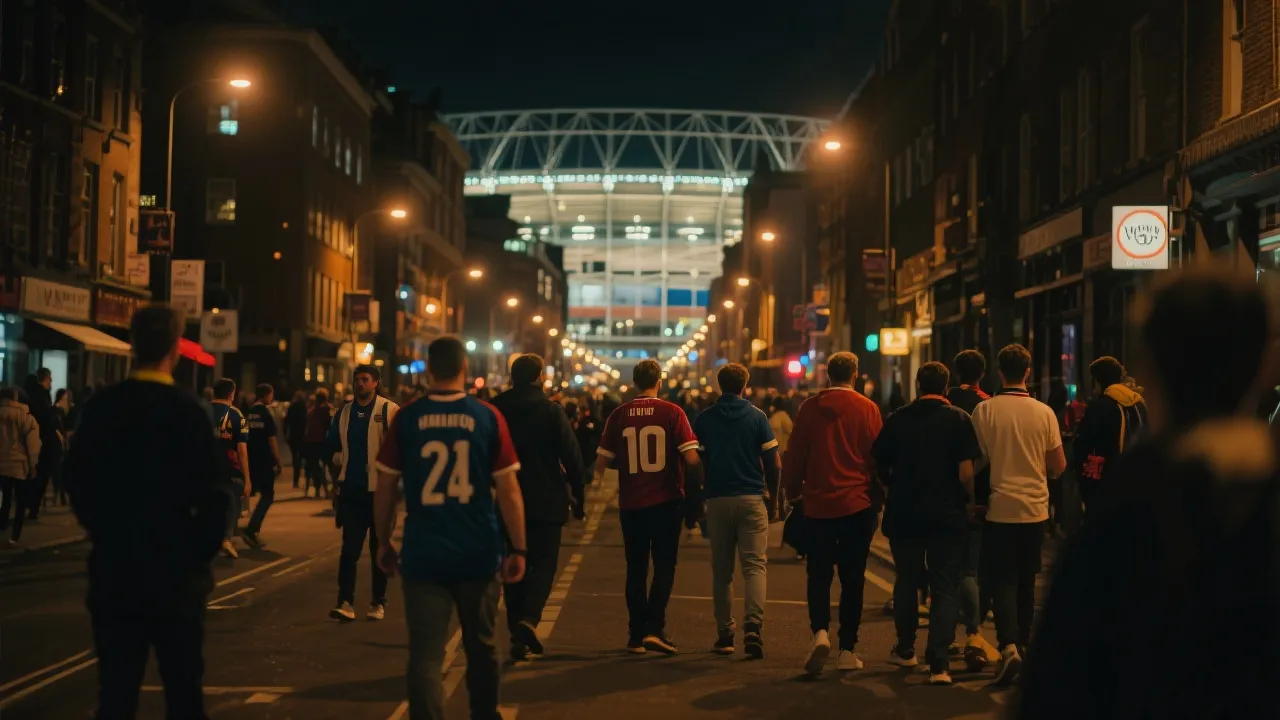 夜色中充满人流的城市街区与体育迷步行前往场馆的电影感场景