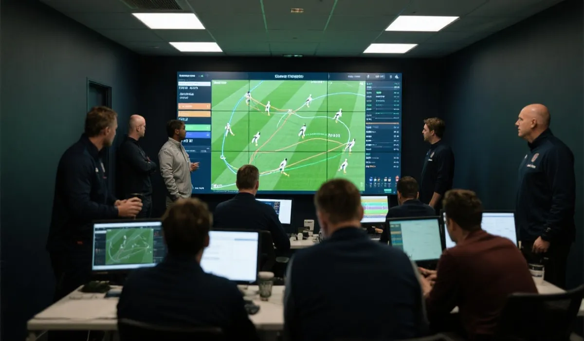 战术分析室内，大屏幕展示世界杯比赛数据与AI预测模型