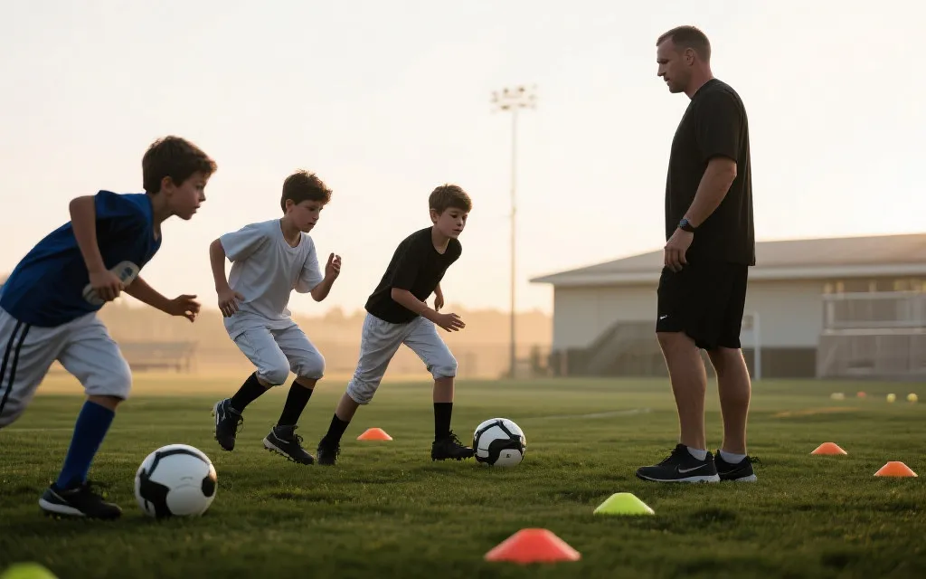 青训训练基地的清晨，少年球员在教练指导下进行战术演练，纪实摄影风格